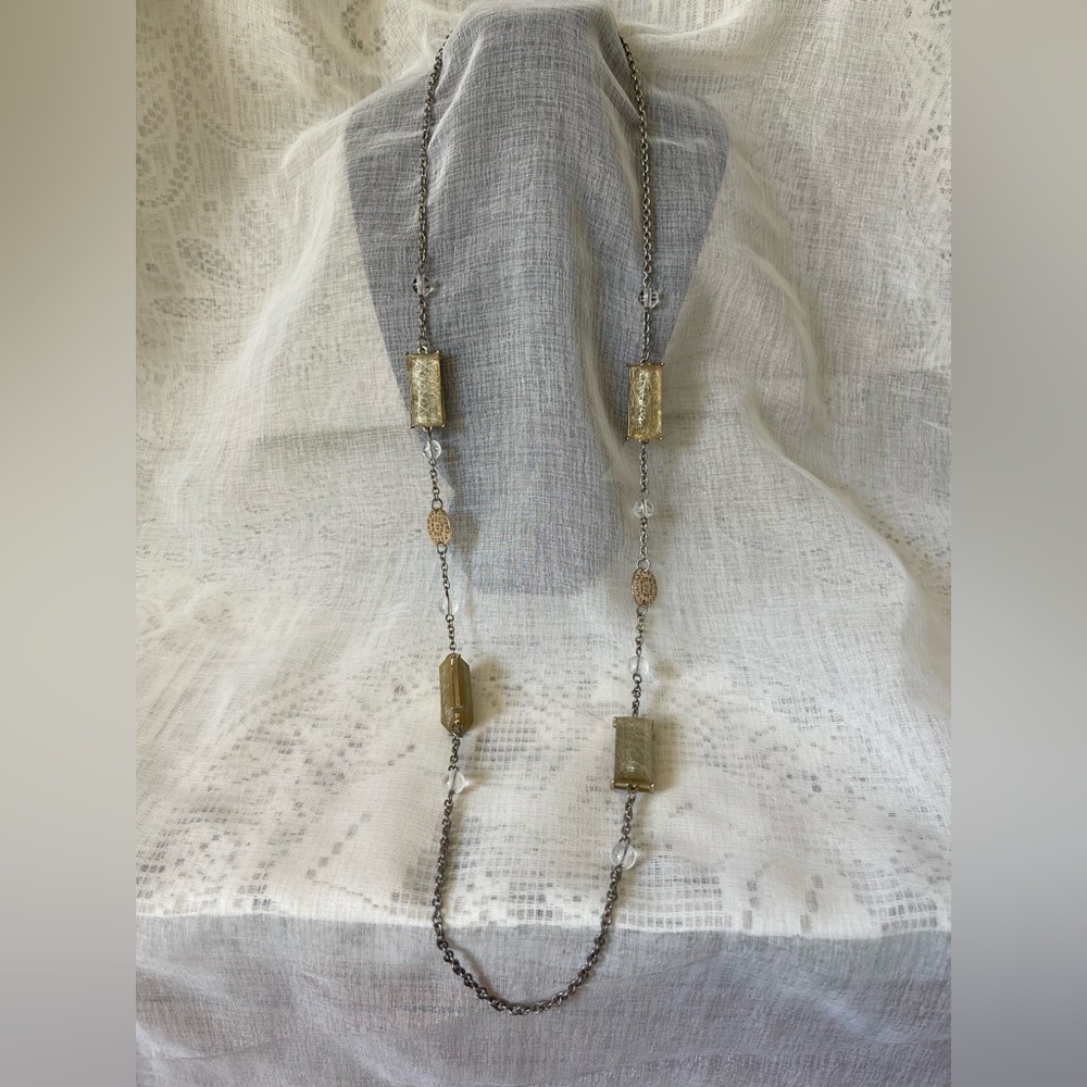 Long Yellow Beaded Silver-tone Necklace